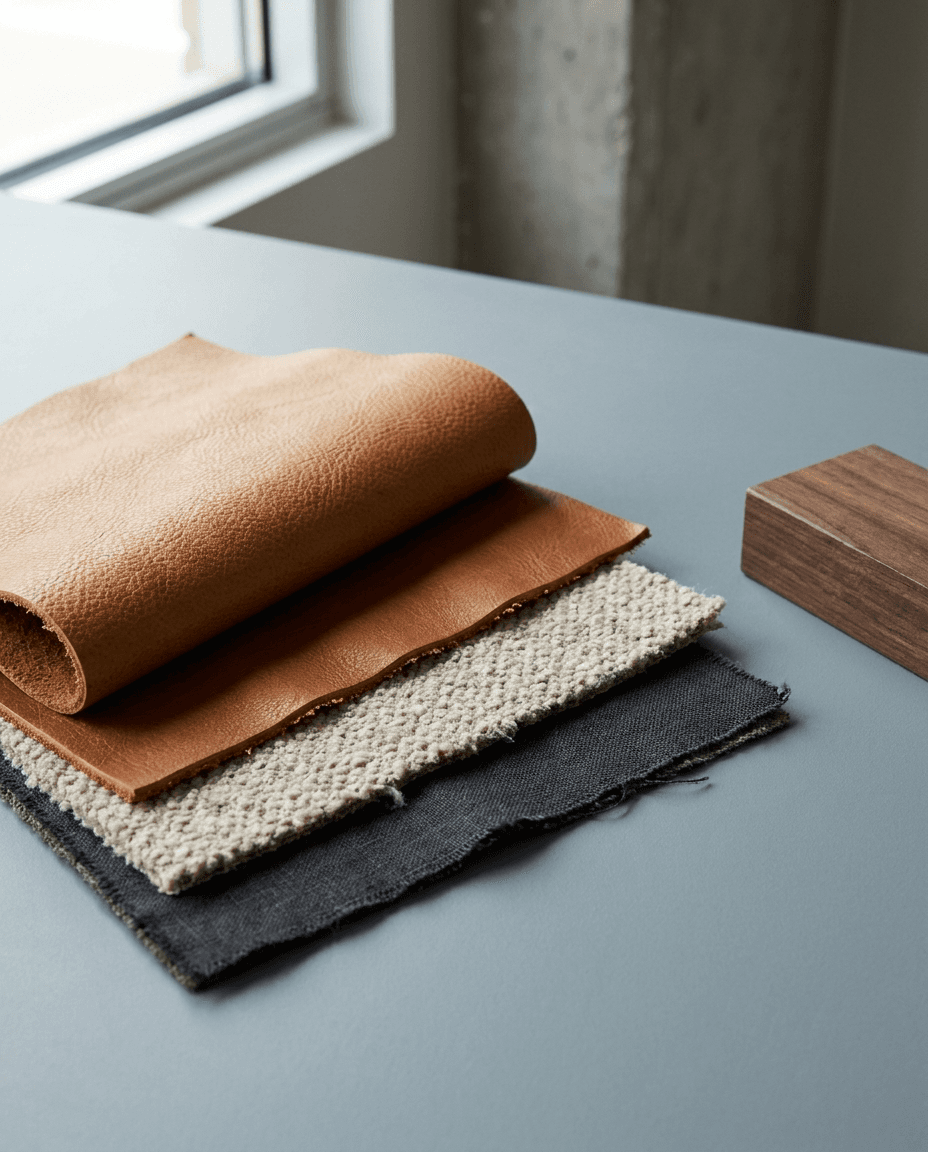 Fanned stack of leather and fabric upholstery swatches
