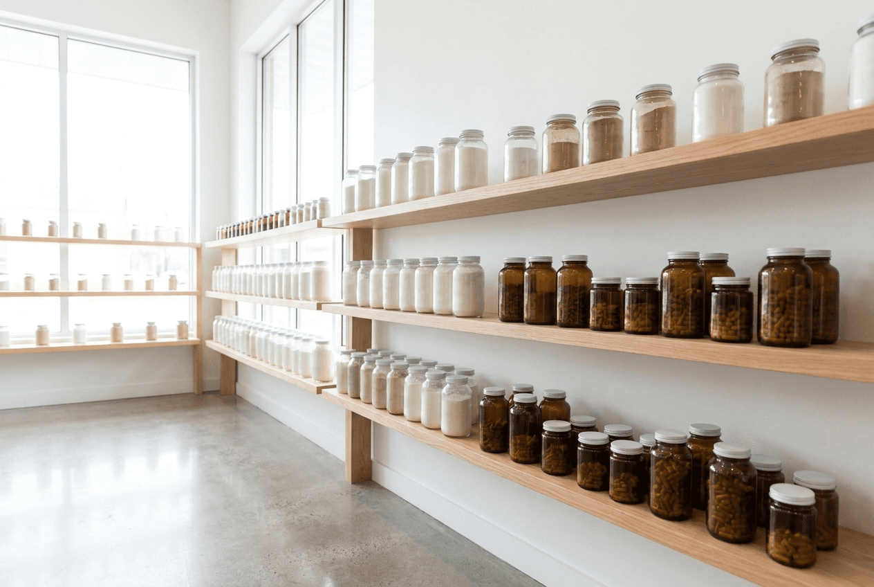 Light-wood retail shelving lined with rows of supplement jars